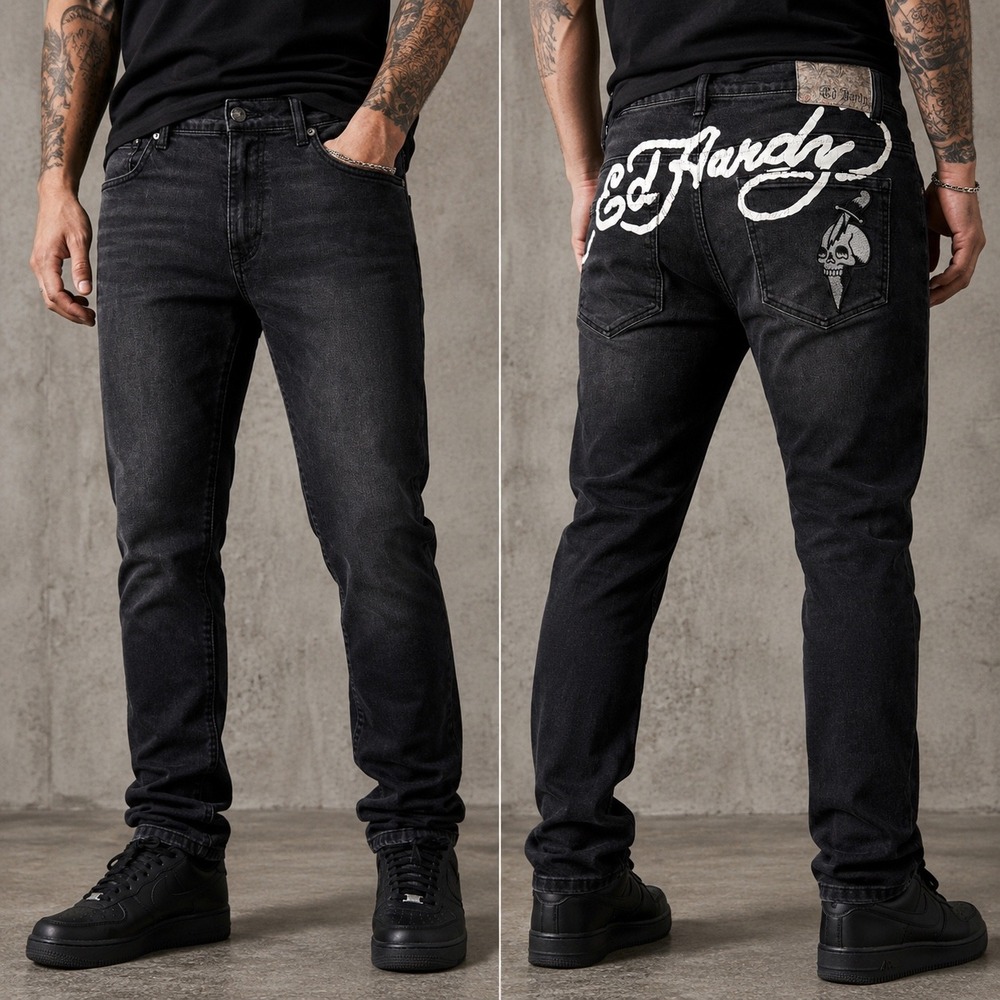 Ed Hardy Mens Black Wash Slim Skull Dagger Embroidered Jeans 36x30 Y2K Tattoo‎